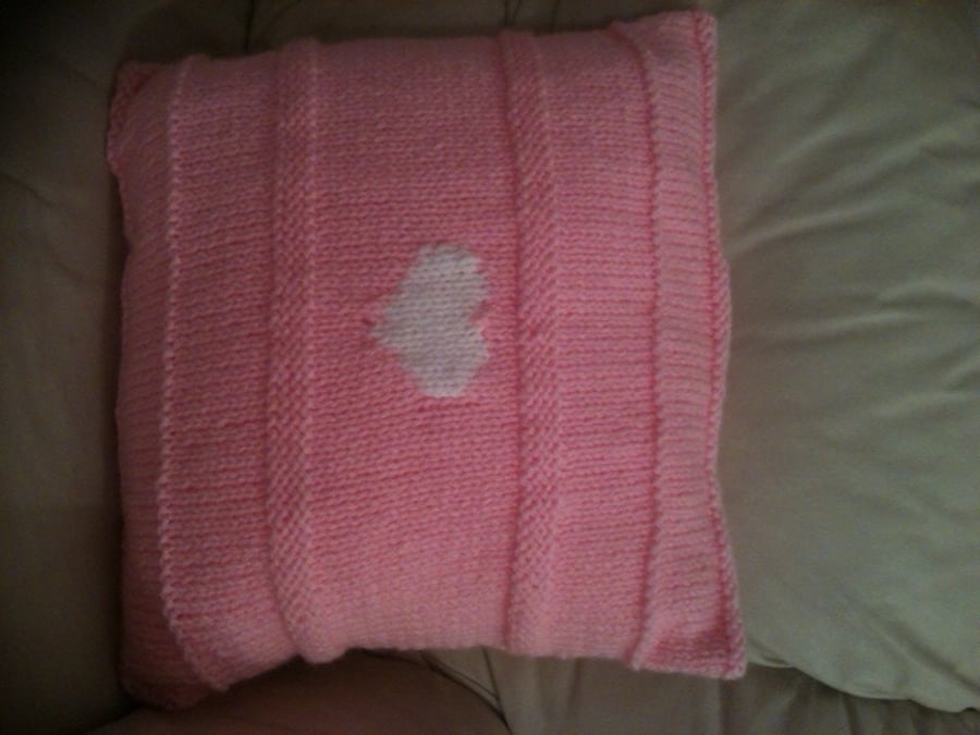 Hand knit Candy Pink Cushion - Heart Motif 