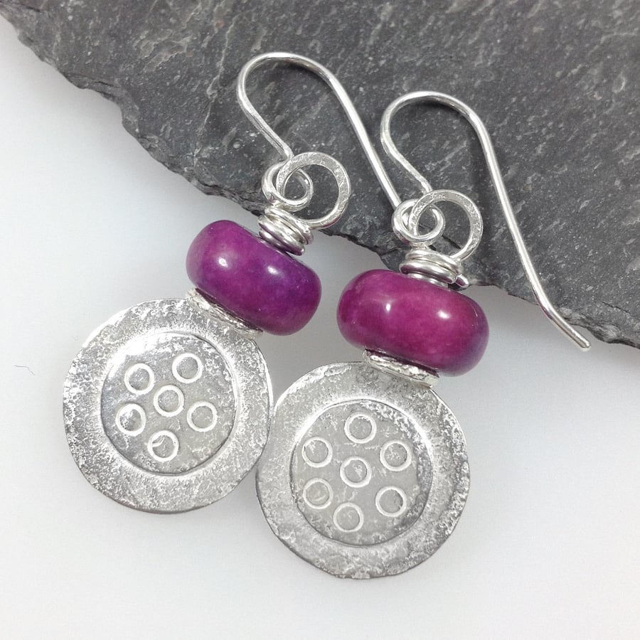 Silver Dotty Earrings with pink jasper beads