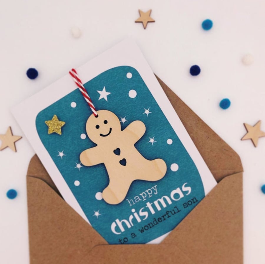 Christmas Gingerbread Man - Luxury Handmade Card, Keepsake Card, Son