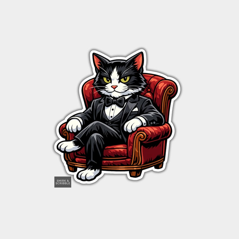 Funny Vinyl Die Cut Sticker For Adults - Tuxedo Armchair Cat