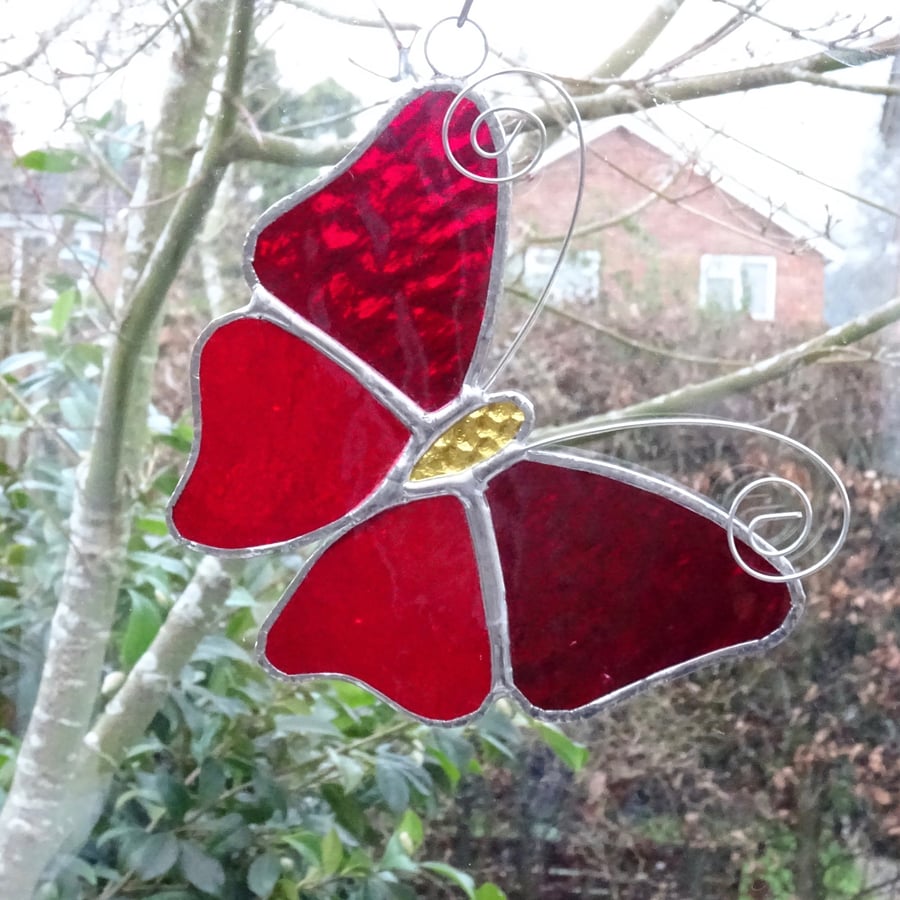 Stained Glass Butterfly Suncatcher - Red