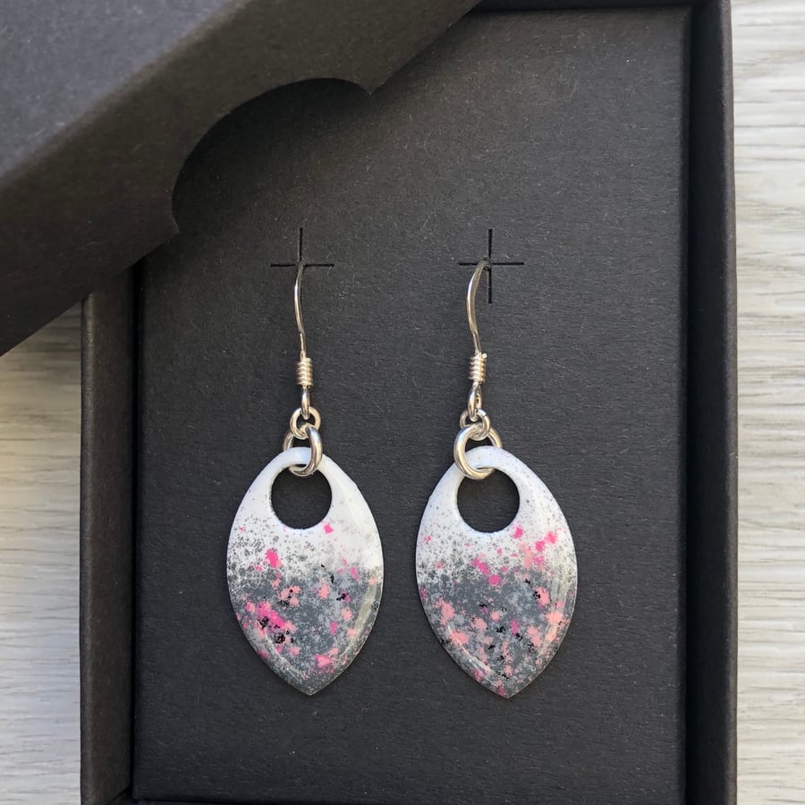 White, grey, pink & black enamel scale earrings. Sterling silver. 