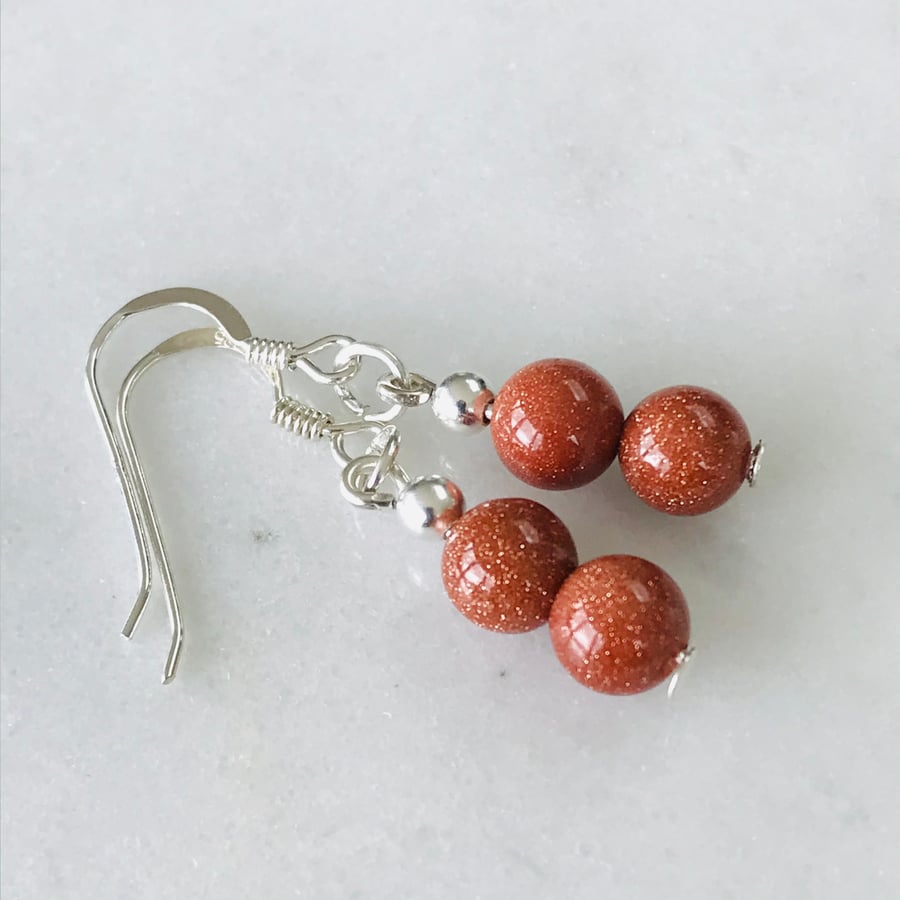 Goldstone brown glass bead dangle earrings with sterling silver ear wires
