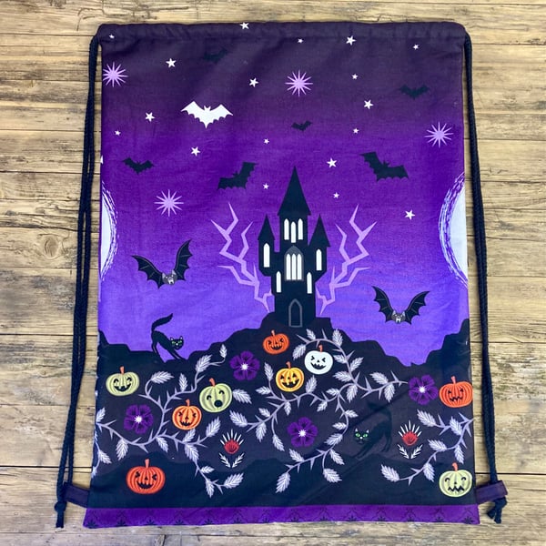 Halloween Drawstring Backpack - Haunted House Bag - Bats Pumpkins Gothic Bag