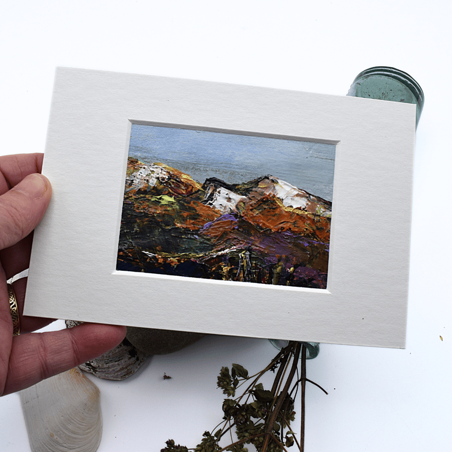 A small mounted painting  - Scottish Glens - mountain range landscape