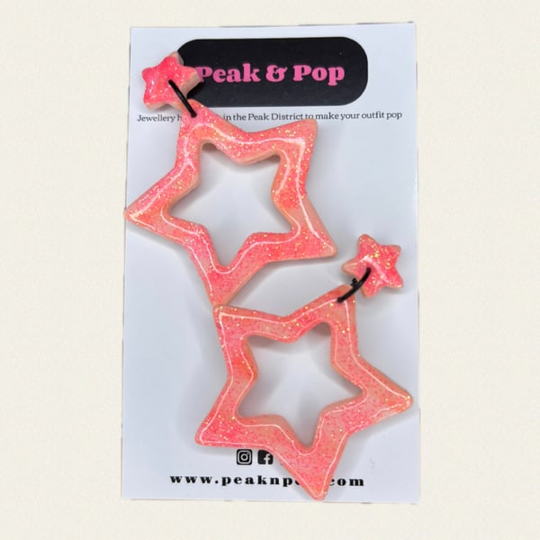 Pink Glitter Star Statement Earrings - Festive Party Jewellery