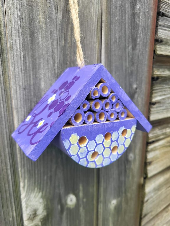 Tiny Wooden Bee Hotel - Small Bug House for Balcony or Garden - Lavender style