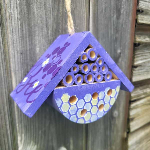 Tiny Wooden Bee Hotel - Small Bug House for Balcony or Garden - Lavender style