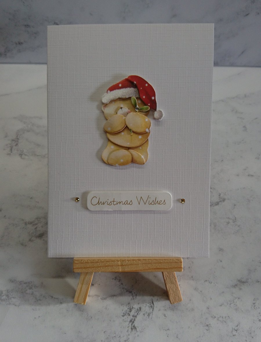 Handmade Christmas Card Christmas Wishes Teddy Bear Santa on Linen