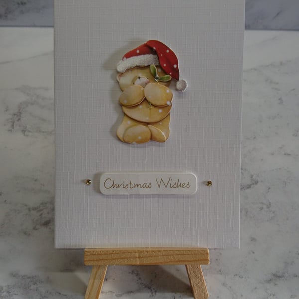 Handmade Christmas Card Christmas Wishes Teddy Bear Santa on Linen