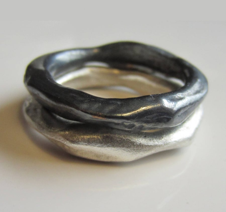 Set of two organic sterling silver rings