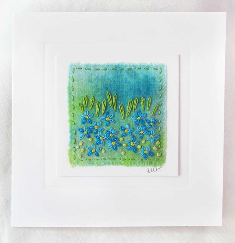 HAND EMBROIDERED GREETINGS CARD FORGET ME NOTS
