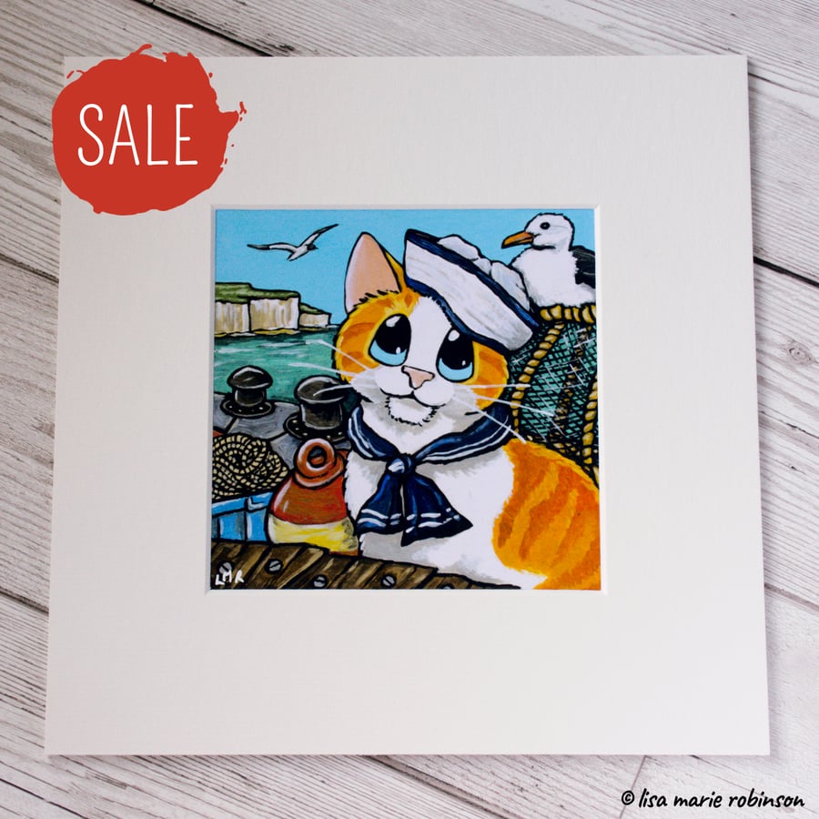 SALE  - Orange and White Sailor Cat by the Sea Mounted Print