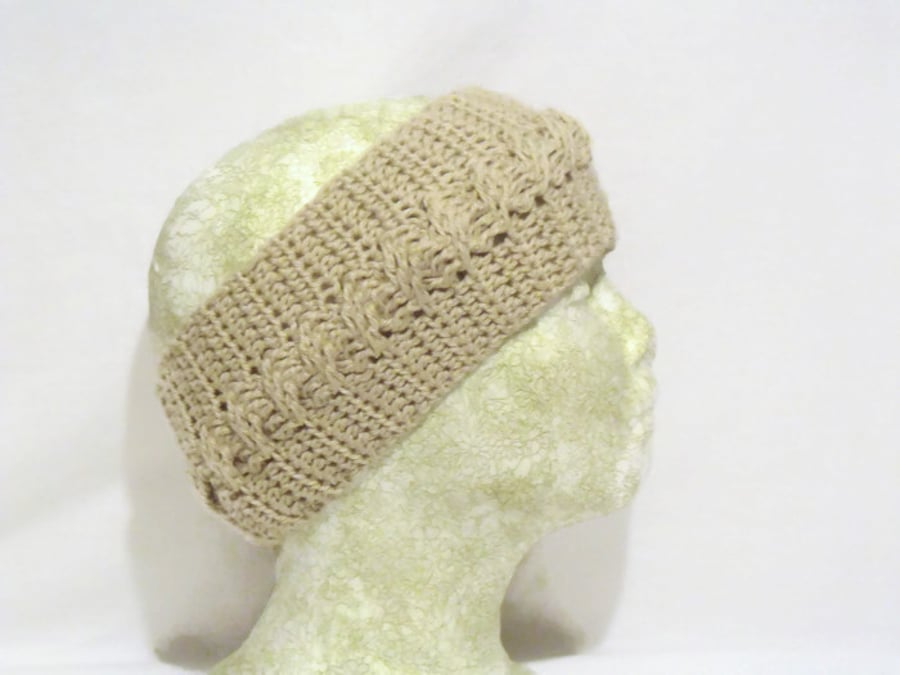 beige cotton crocheted head band, crochet cable ear warmers in a large size.