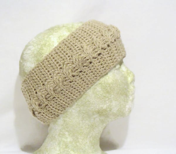 beige cotton crocheted head band, crochet cable ear warmers in a large size.