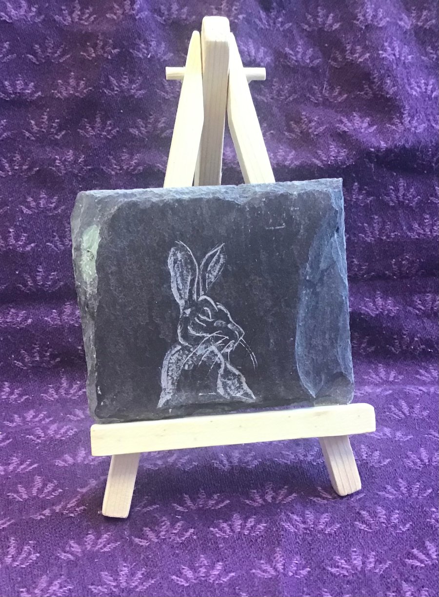 An alert Hare!  - original art hand carved on slate