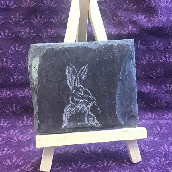 An alert Hare!  - original art hand carved on slate