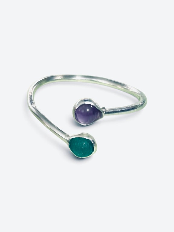 Sterling Silver Large Adjustable Amethyst & Aventurine Ring  - Gift Boxed