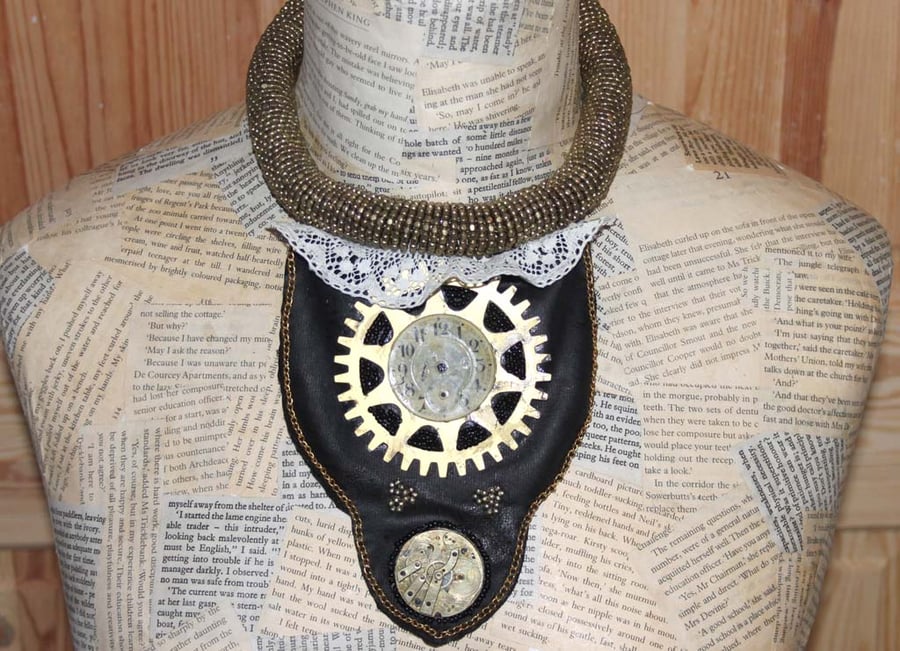 Vintage Steampunk Statement Choker Collar Bib Gold Necklace
