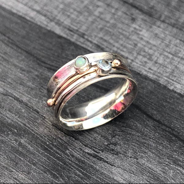 Opal and Aquamarine Spinner Ring, silver spinner ring, mixed metals ring, 