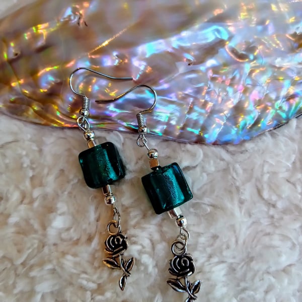 Foiled green lampwork beads & Tibetan silver beads with ROSE CHARM Earrings