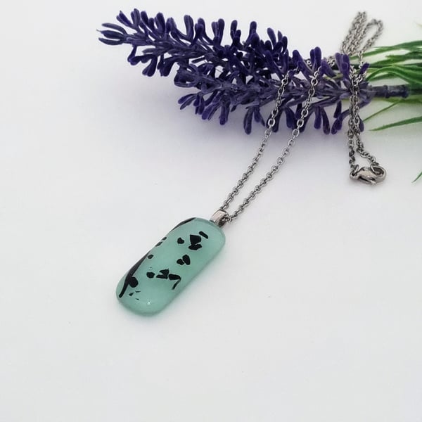 Light Green and Black Fused Glass Pendant with Stainless Steel Chain