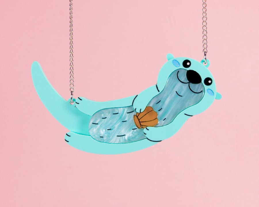 Statement Otter Necklace, Laser Cut Acrylic Jewellery, Kawaii Cute Sea Animal
