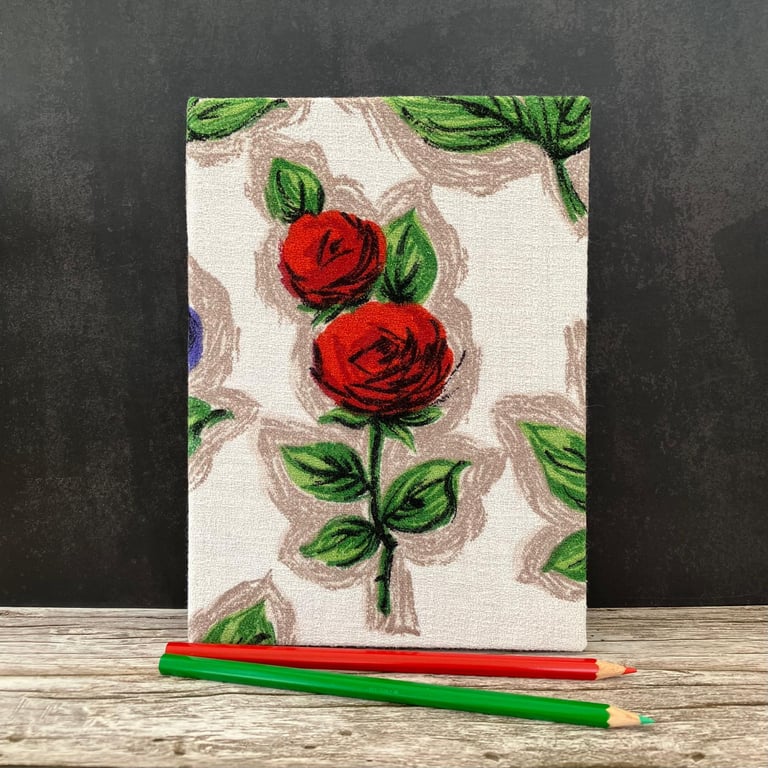 Handmade A5 1950s Vintage Fabric Journal, Sketchbook, Red Roses, Purple Tulips