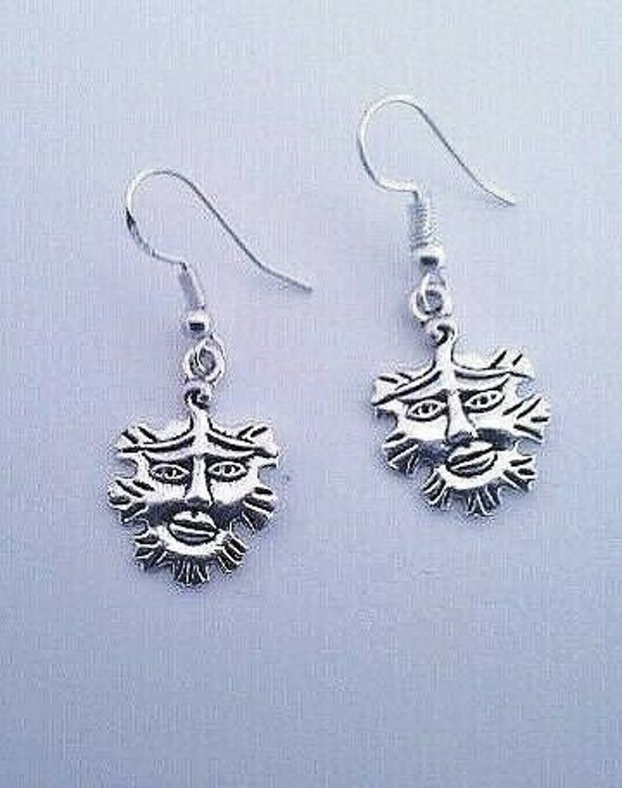 Hand Crafted 'Green Man' Drop Earrings with Authentic Real Silver Hooks and Tibe