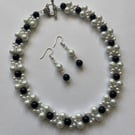 white and black pearl bead necklace set 16" tbar fastening womens earrings glass