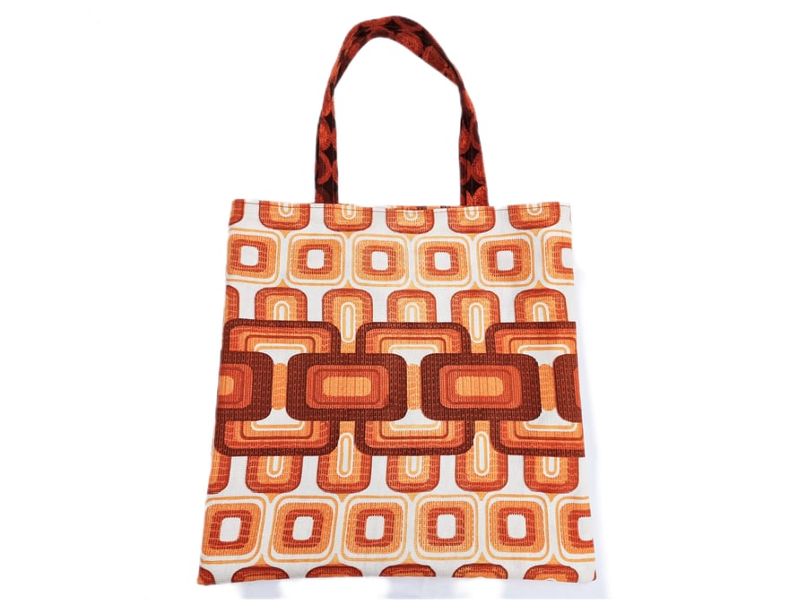 Vintage 1960s 1970s geometric pattern fabric shoulder tote bag