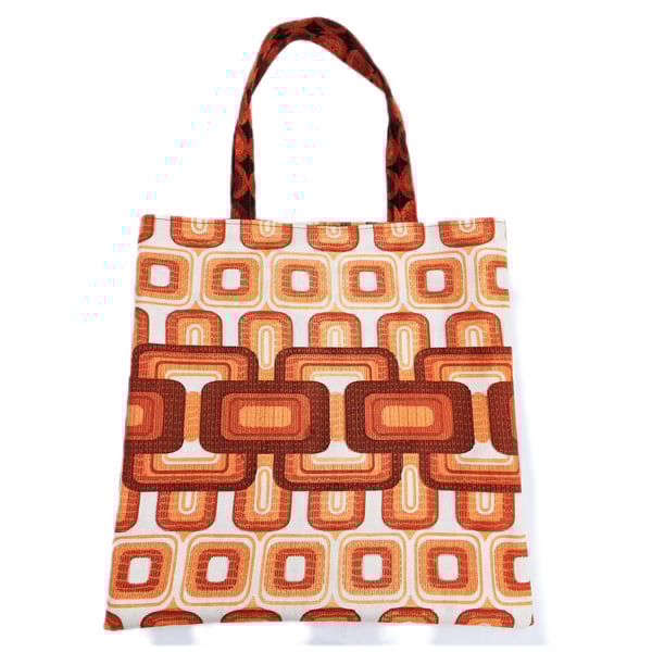 Vintage 1960s 1970s geometric pattern fabric shoulder tote bag