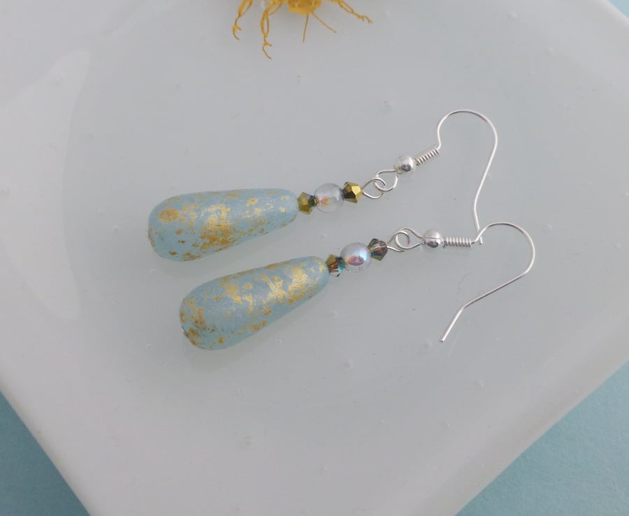 Aqua and Gold Long Drop Earrings