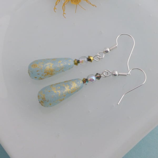 Aqua and Gold Long Drop Earrings