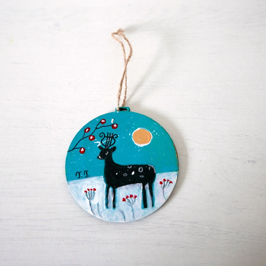 Deer Art, Christmas Decoration, Tree Bauble, Hand-painted Ornament, Winter 
