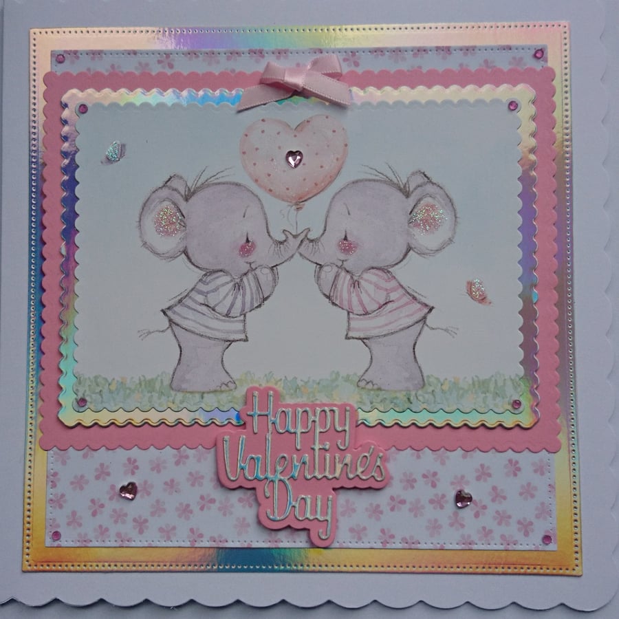Happy Valentine's Day Cute Elephants Love Heart Balloon 3D Luxury Handmade Card 