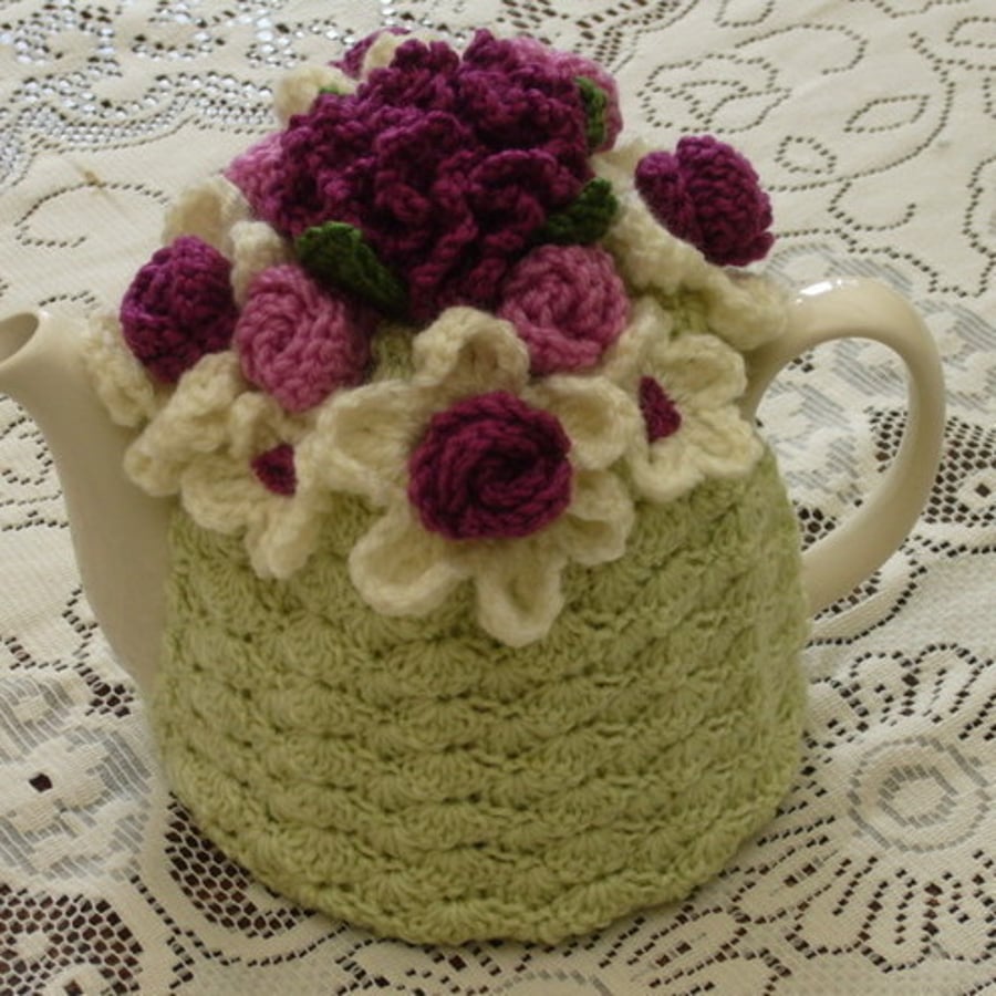 Crochet Tea Cosy/Pale green with Flower Garden Top (Made to order)