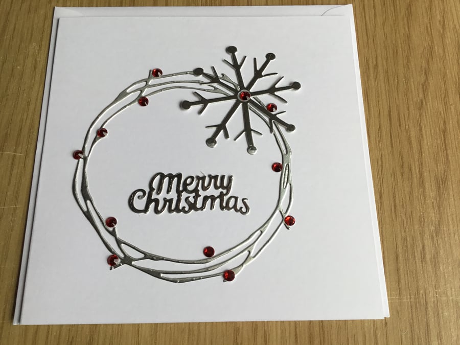 Handmade wreath and snowflake card. CC544