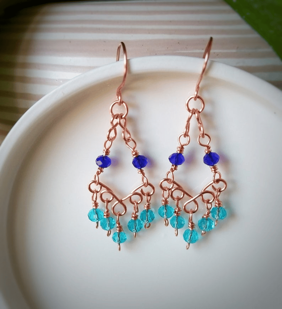 Turquoise and Blue Chandelier Earrings in Copper Folksy