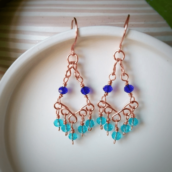 Turquoise and Blue Chandelier Earrings in Copper