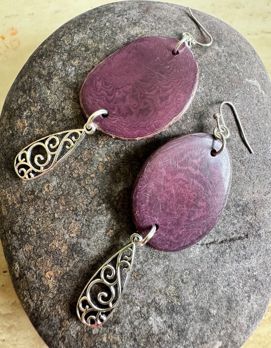 Tagua nut slice with filigree dangle earrings 