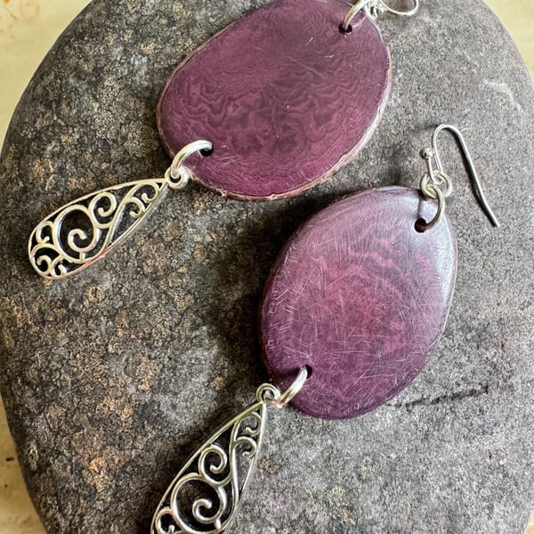 Tagua nut slice with filigree dangle earrings 
