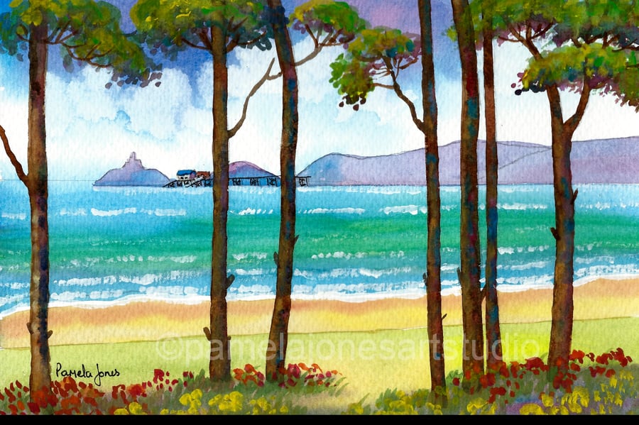 Mumbles, From, West Cross, Swansea, A3, Watercolour Print in 20 x 16 '' Mount 
