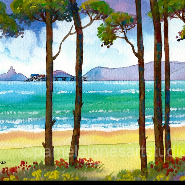Mumbles, From, West Cross, Swansea, A3, Watercolour Print in 20 x 16 '' Mount 