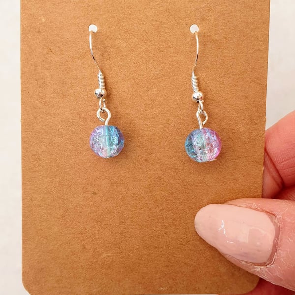 Pink and Blue Two-Tone Crackle Glass Earrings on 925 Silver-Plated Ear Wires