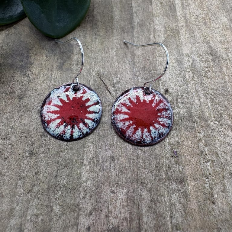 enameled sunburst earrings on sterling silver hooks, Welsh made enamel jewelry, 
