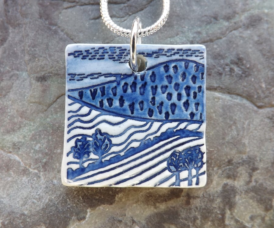 Ceramic Landscape pendant in blue and white 
