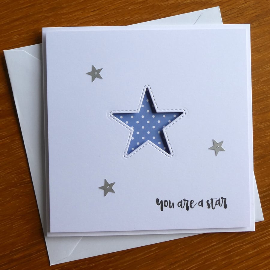 You Are A Star Card - Blue and White Polka Dots - Thank you - Congratulations