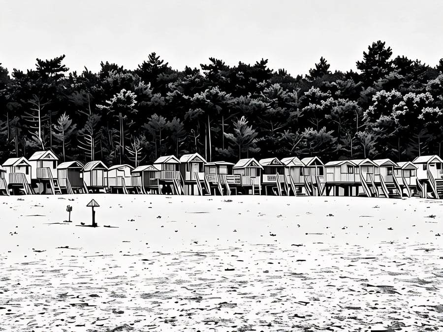 A5 Greeting Card Black White Beach Huts Wells Next The Sea 