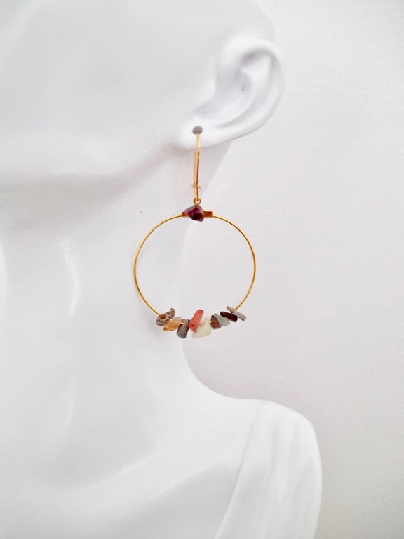 Mixed Stone Earrings Dangle Gold Coloured Metal Hoop  Mix Of Healing Crystals